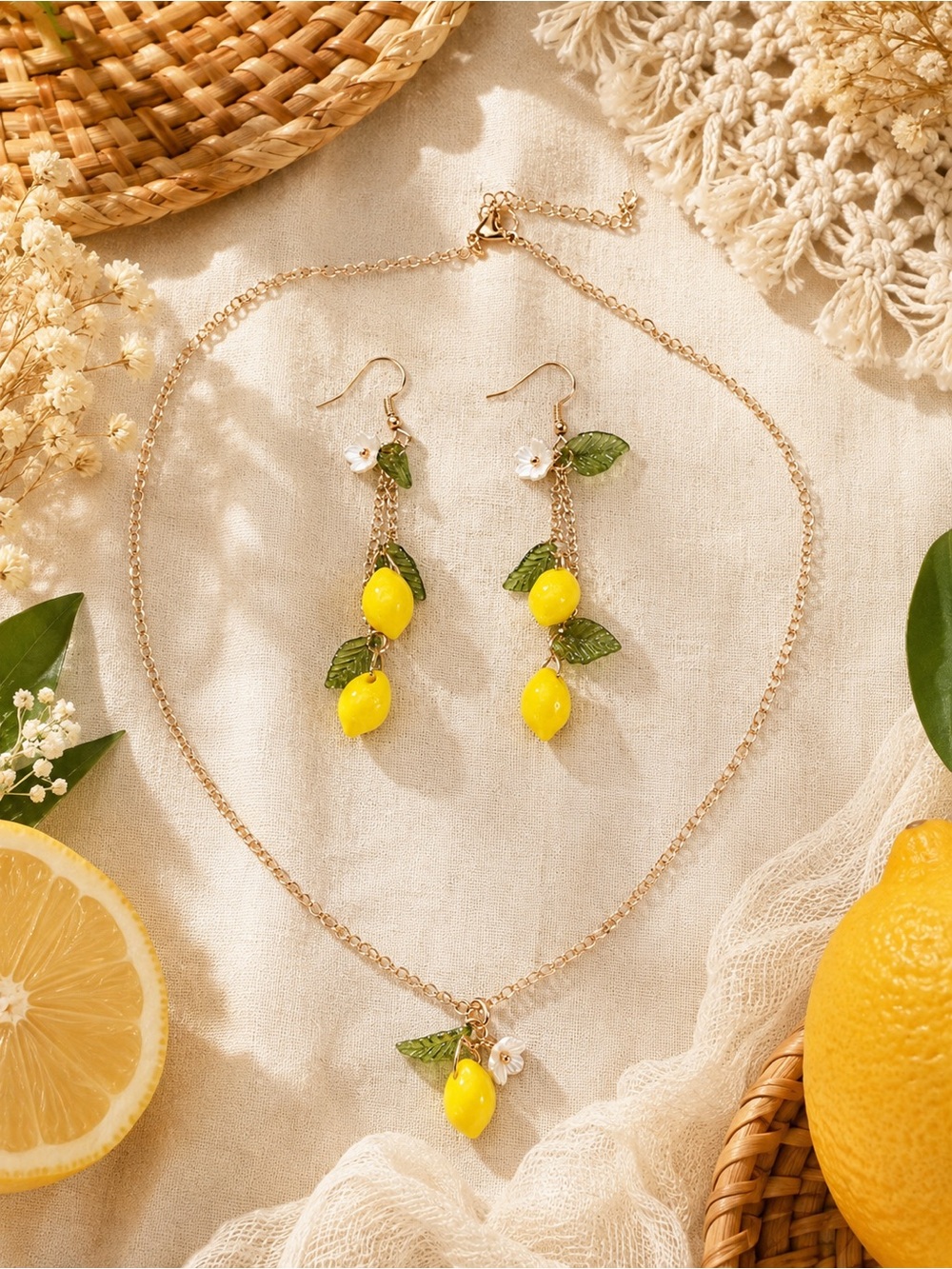 Yellow lemon necklace and earrings